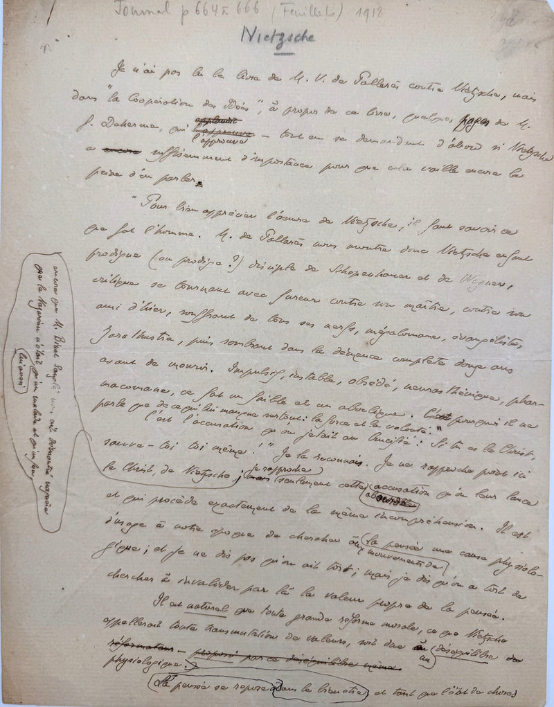 Manuscrit autographe, Gide sur Nietzsche