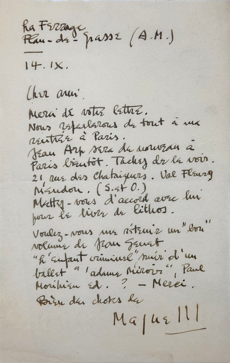 Lettre autographe signée, Magnelli mentionne Jean Arp