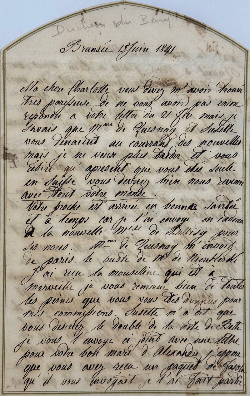 Lettre autographe signée, Duchesse de Berry à la princesse de Lucinge