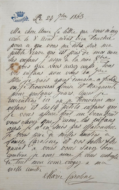 Autograph letter signed, Duchess of Berry to Eugénie de Coucy, Duchess of Reggio