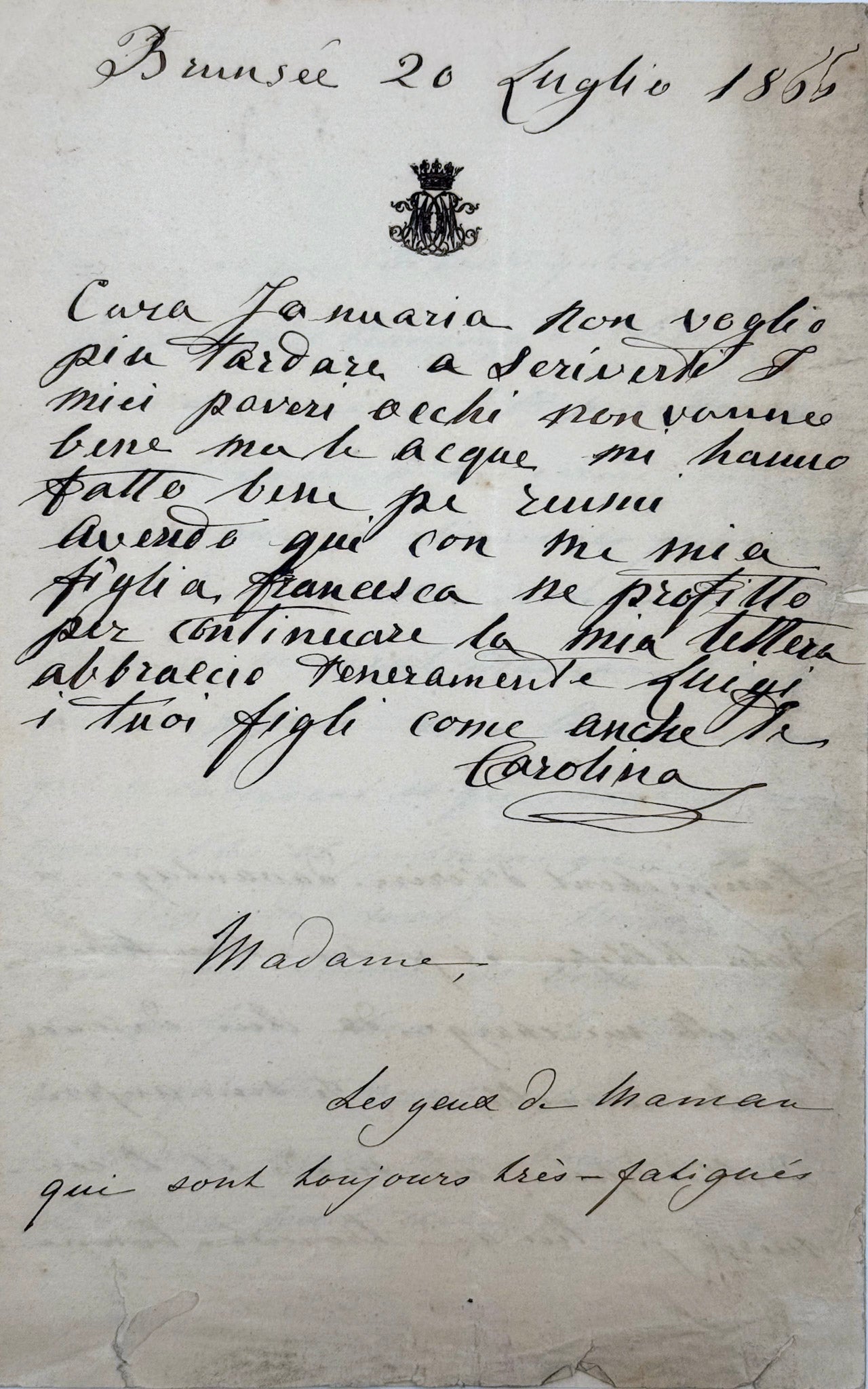 6 autograph letters signed from the Duchess of Berry to Dona Januaria of Braganza