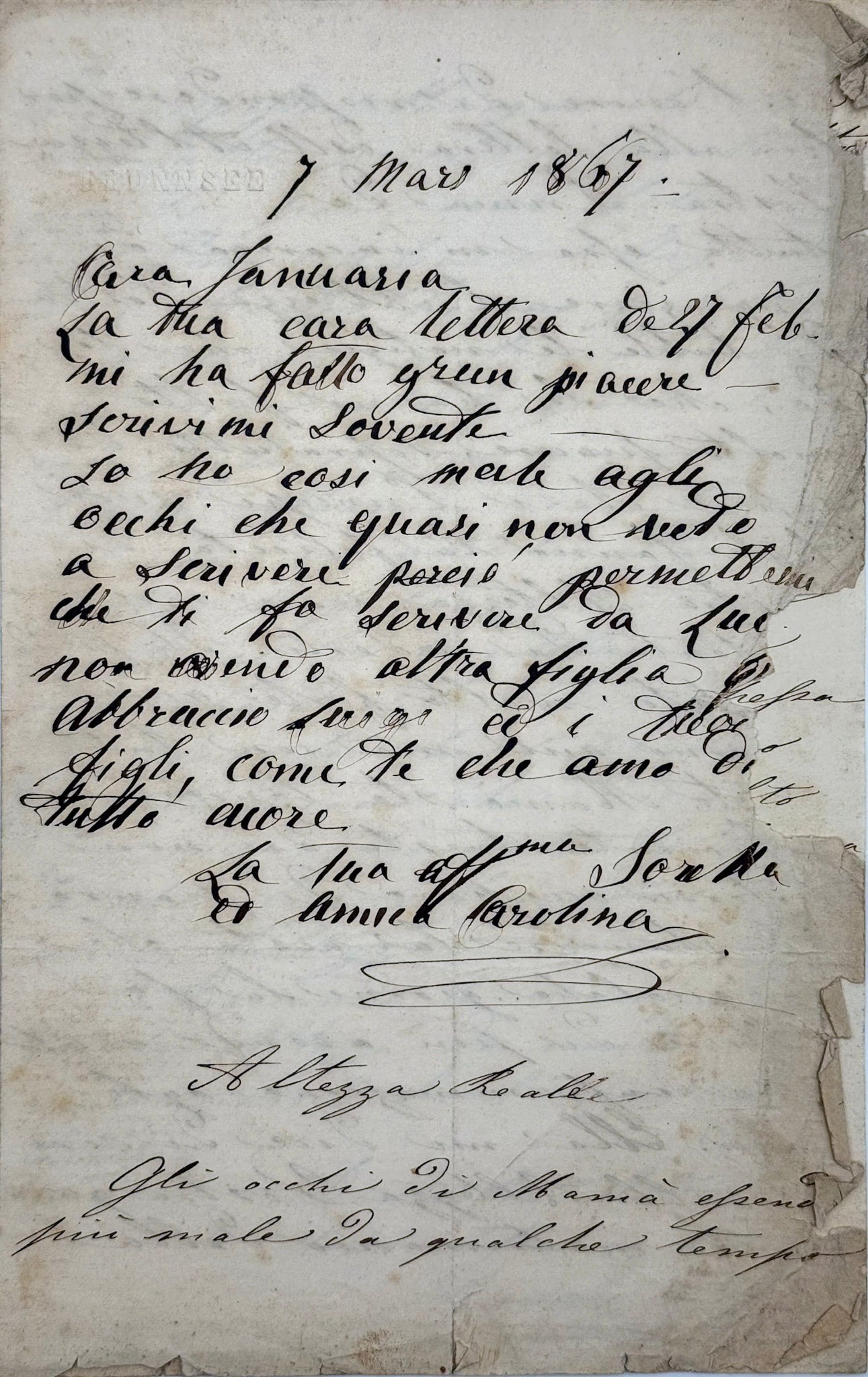 6 autograph letters signed from the Duchess of Berry to Dona Januaria of Braganza