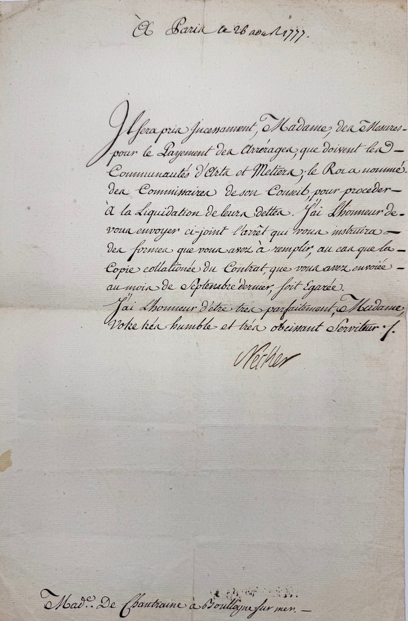 Autograph letter signed, Necker to Madame de Chantraine