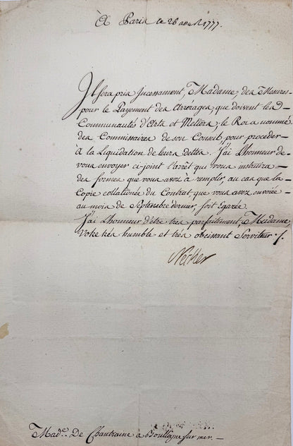 Autograph letter signed, Necker to Madame de Chantraine