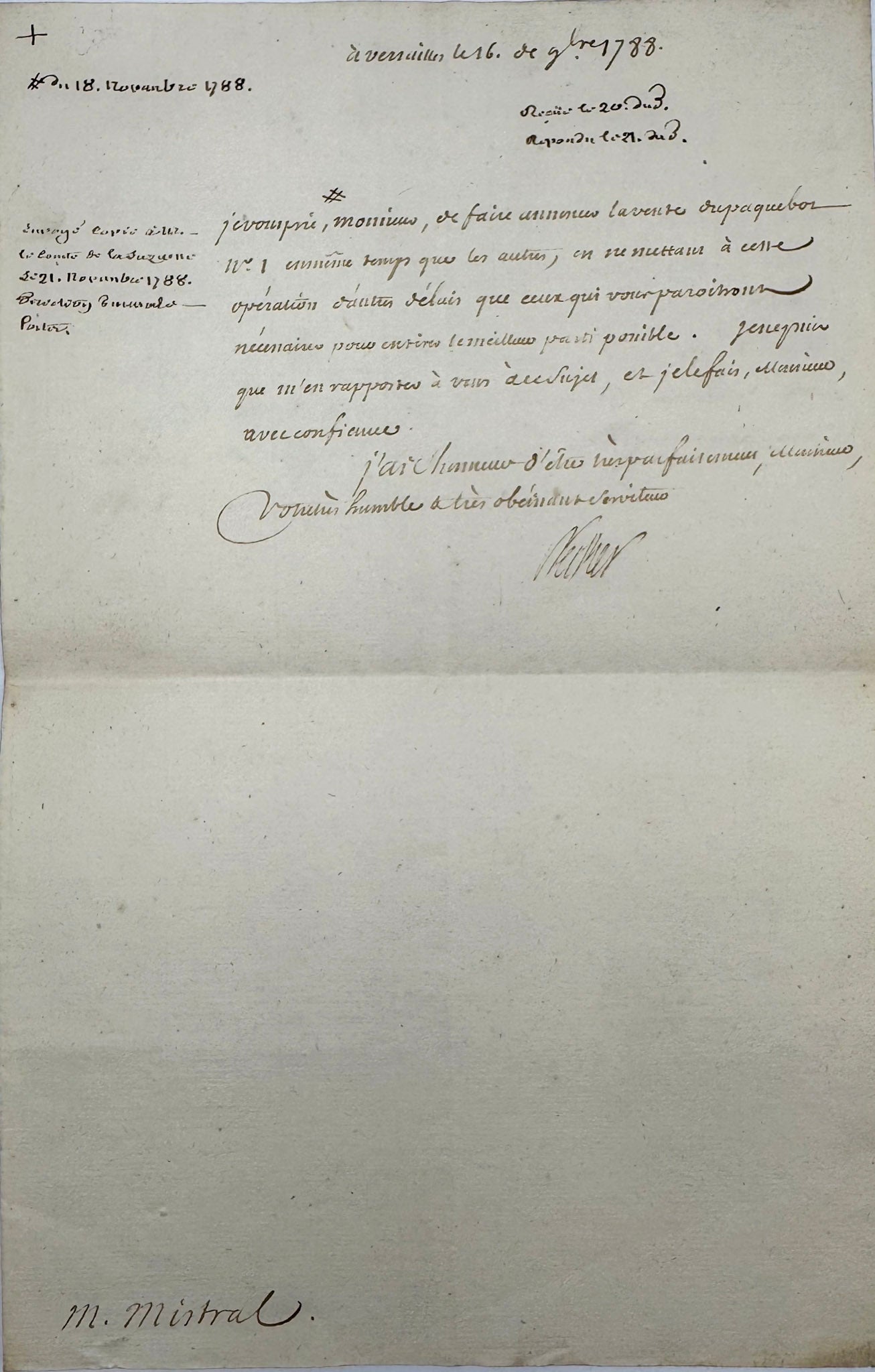 Autograph letter signed, Necker to Mr Mistral