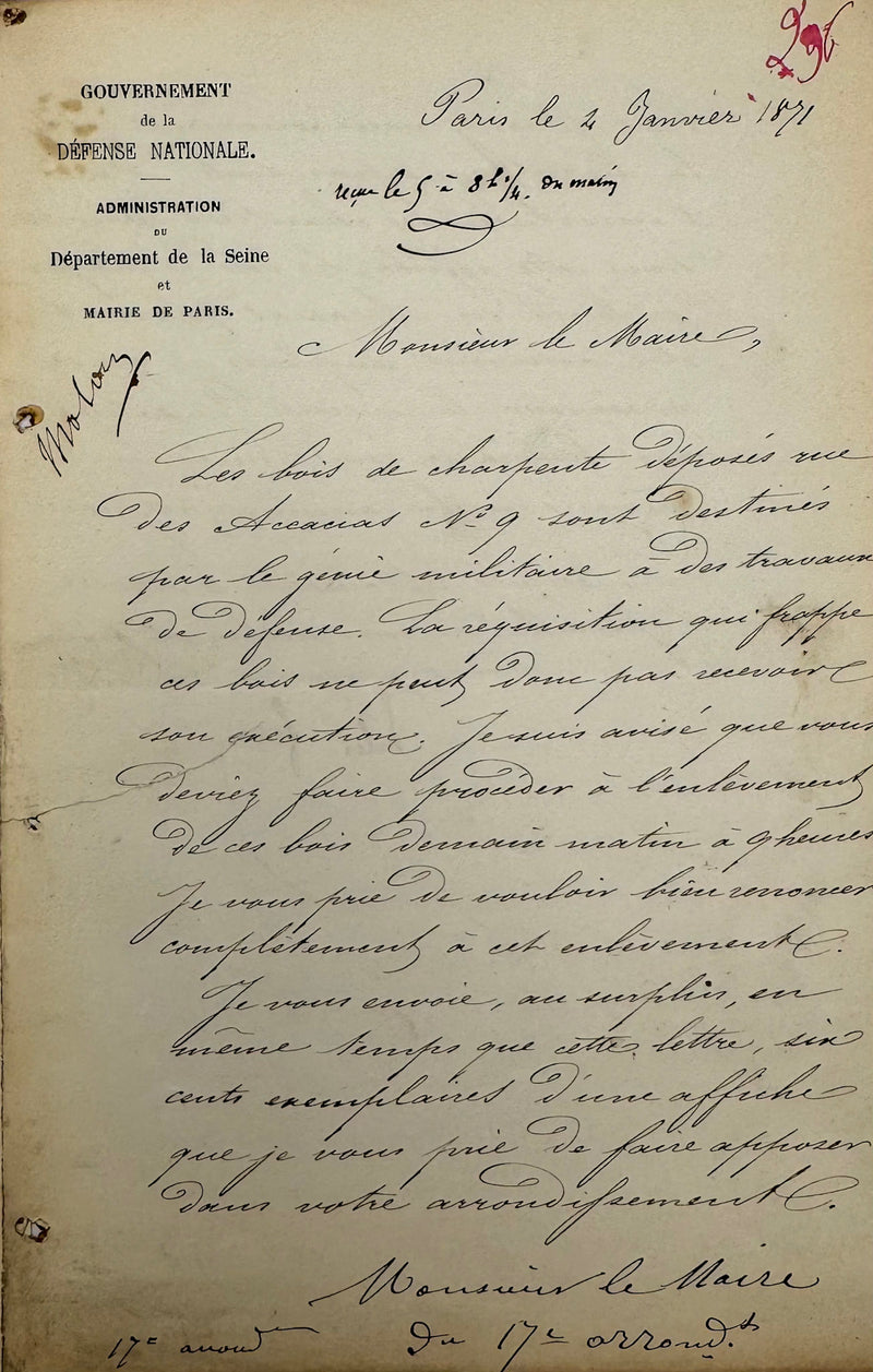 Lettre autographe signée, Ferry au Maire du 17e arrondissement de Paris