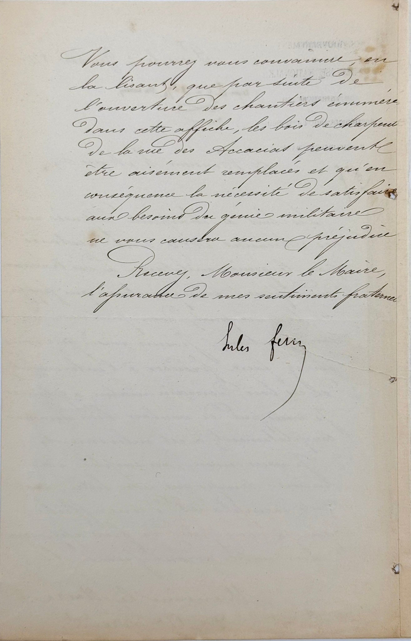 Autograph letter signed from Ferry to the Mayor of the 17th arrondissement of Paris