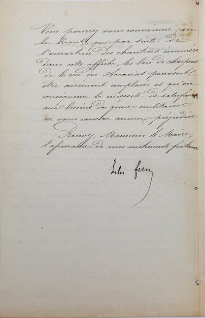 Autograph letter signed from Ferry to the Mayor of the 17th arrondissement of Paris