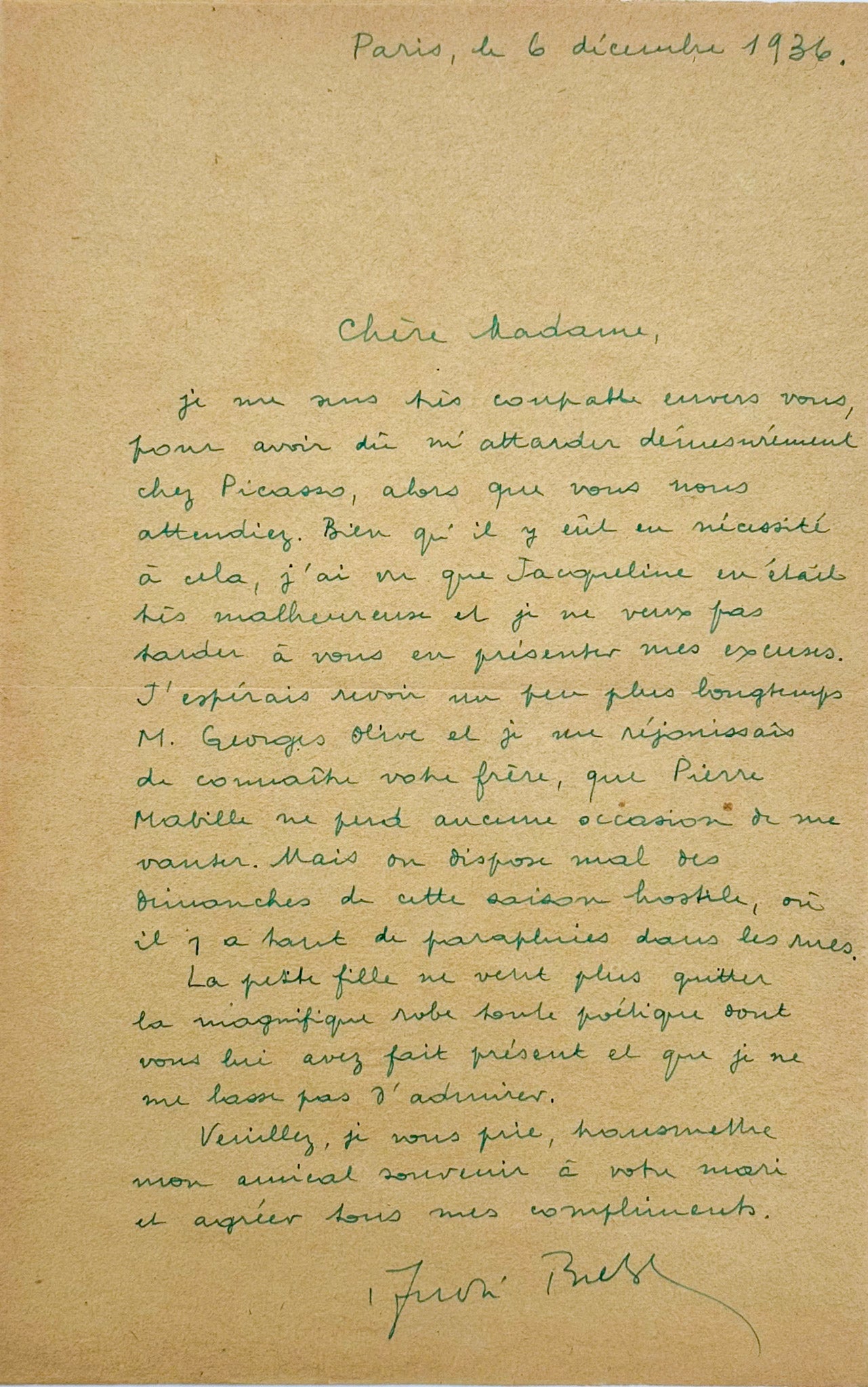 Autograph letter signed, Breton to Mrs. Georges Olive