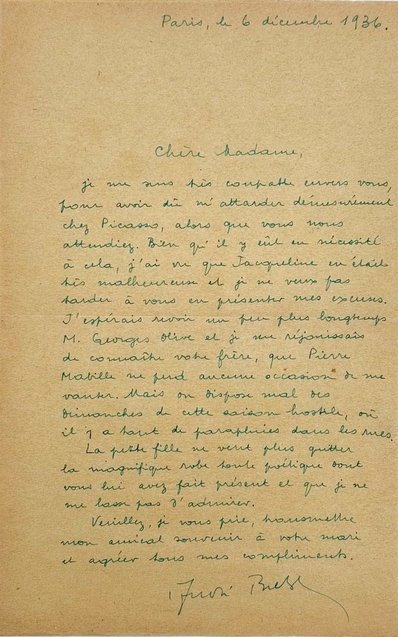 Lettre autographe signée, Breton à Madame Georges Olive