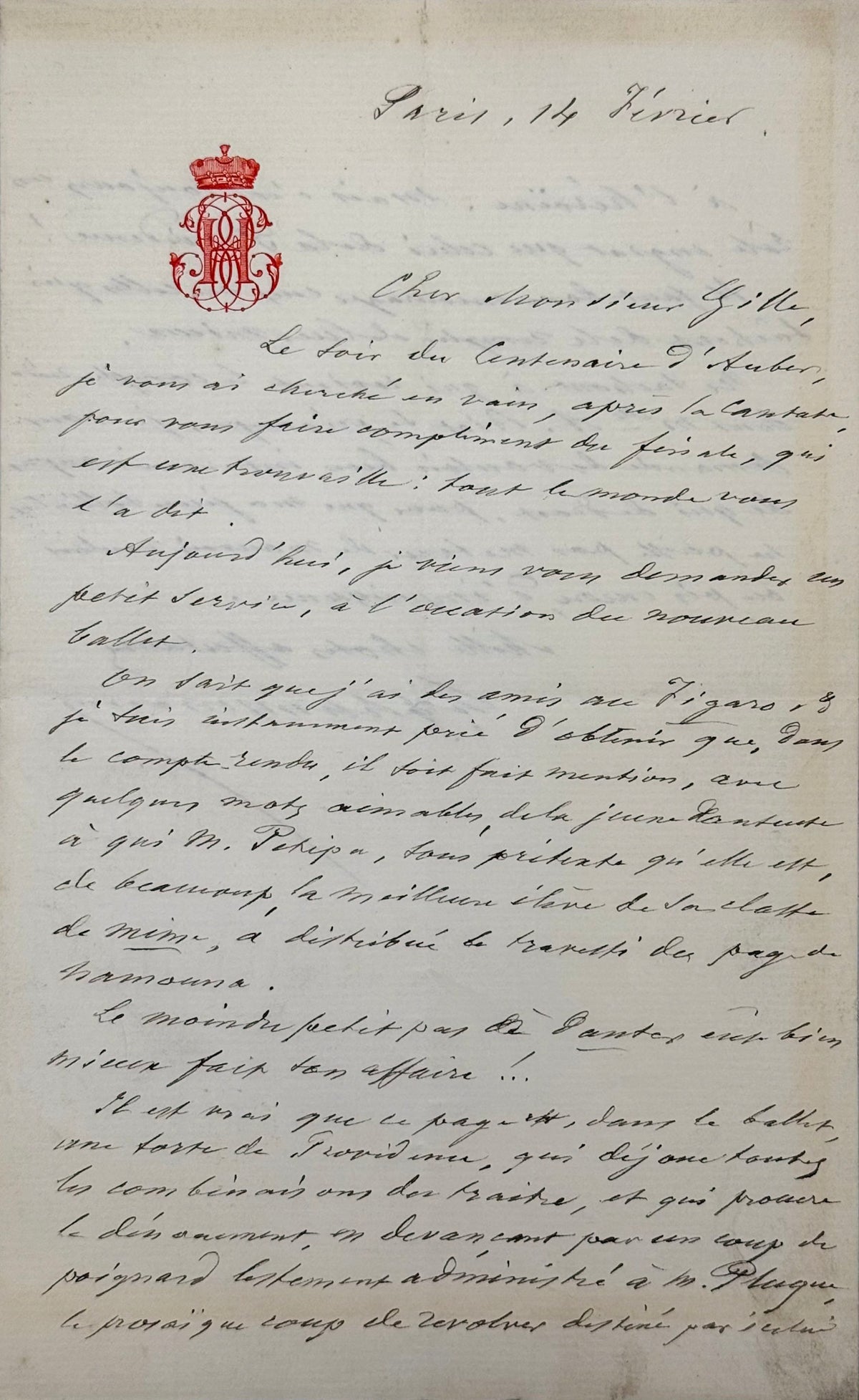 Lettre autographe signée, Haussmann à Philippe Gille