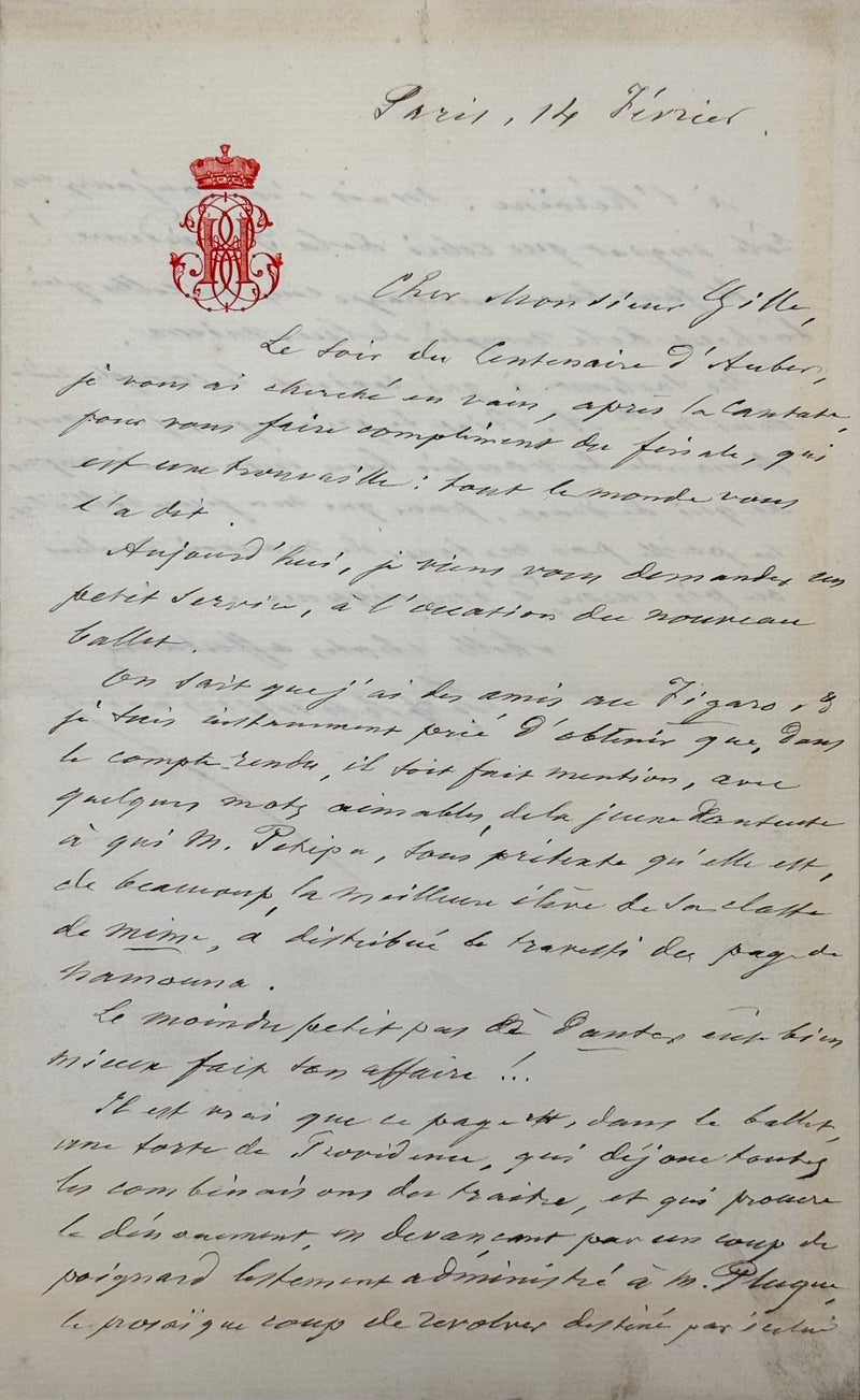 Lettre autographe signée, Haussmann à Philippe Gille