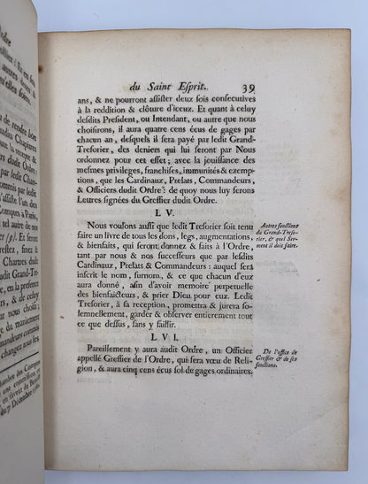 LES STATUTS DE L'ORDRE DU SAINT ESPRIT estably par HENRY IIIme du nom Roy de France et de Pologne au mois de decembre l'an 1578