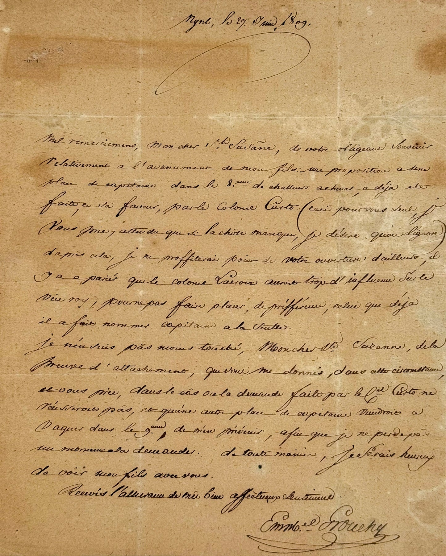 Autograph letter signed, Grouchy to Baron de Sainte-Suzanne