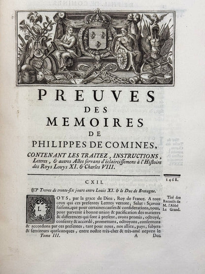 Mémoires de Messire Philippe de Comines, seigneur d'Argenton, où l'on trouve l'histoire des rois de France Louis XI et Charles VIII