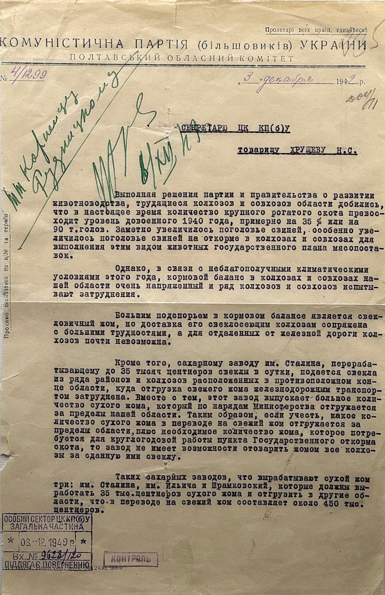 Document signed by Khrushchev, Communist Party of Ukraine to Nikita Khrushchev