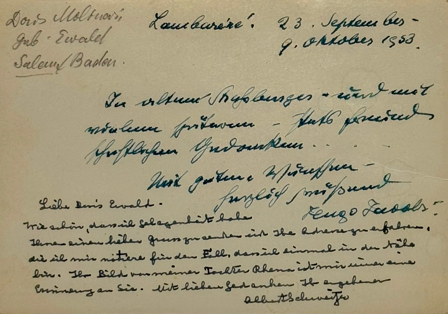 Autograph picture postcard signed, Albert Schweitzer to Denis Ewald