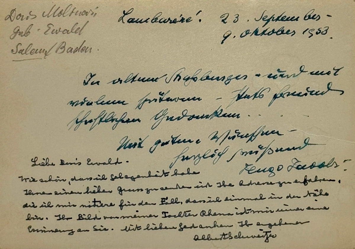 Autograph picture postcard signed, Albert Schweitzer to Denis Ewald