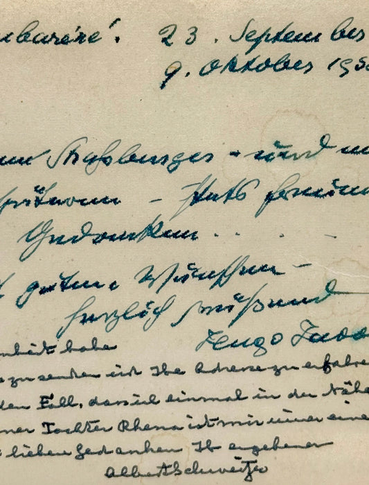 Autograph picture postcard signed, Albert Schweitzer to Denis Ewald