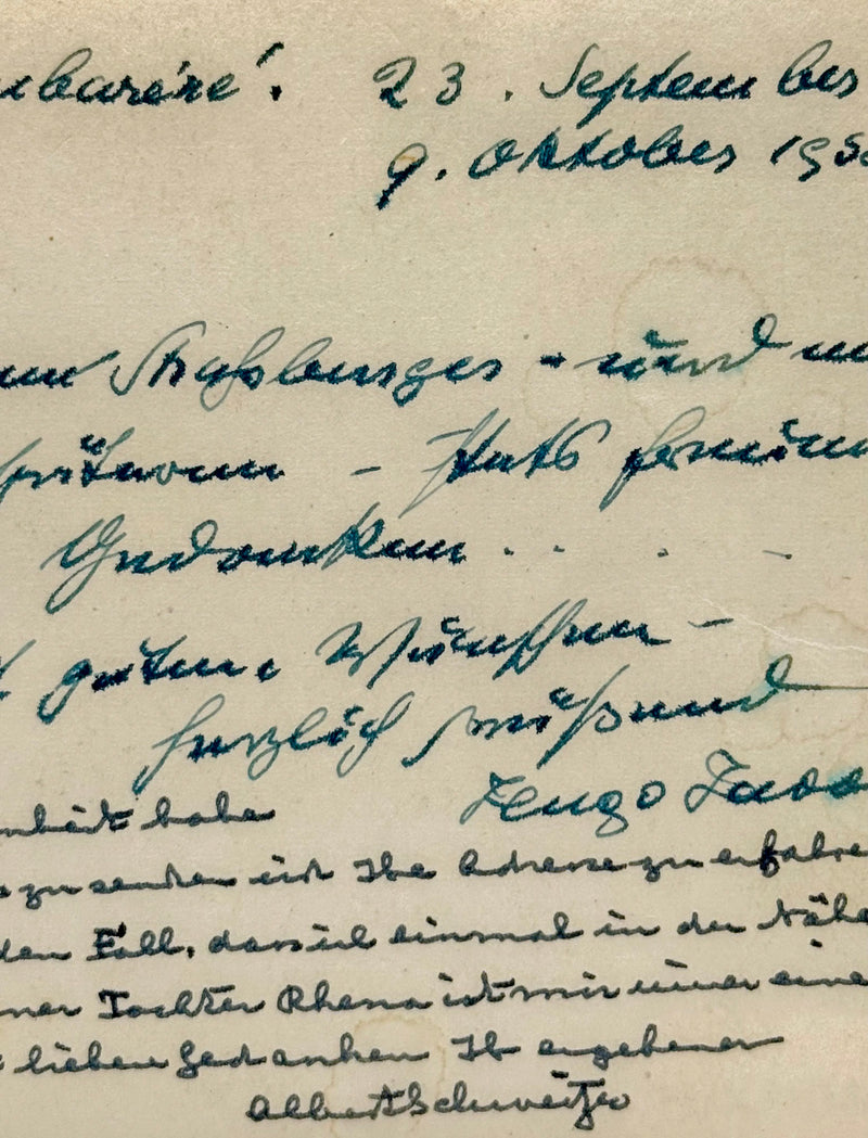 Carte postale autographe signée, Albert Schweitzer à Denis Ewald