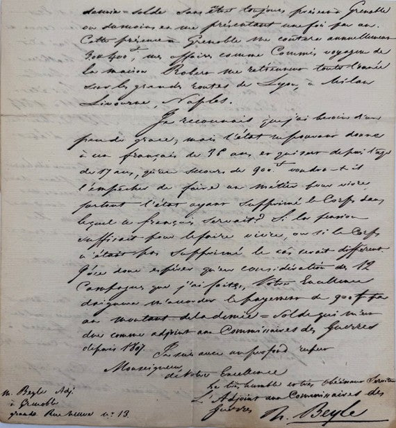 Lettre autographe signée, Stendhal au Maréchal de Gouvion-Saint-Cyr
