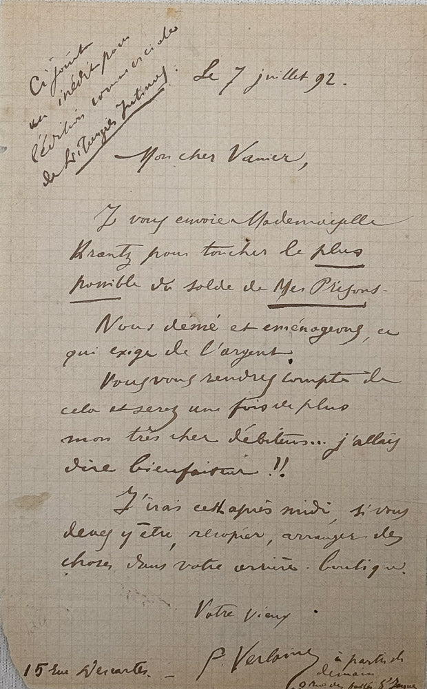 Lettre autographe signée, Verlaine à Léon Vanier